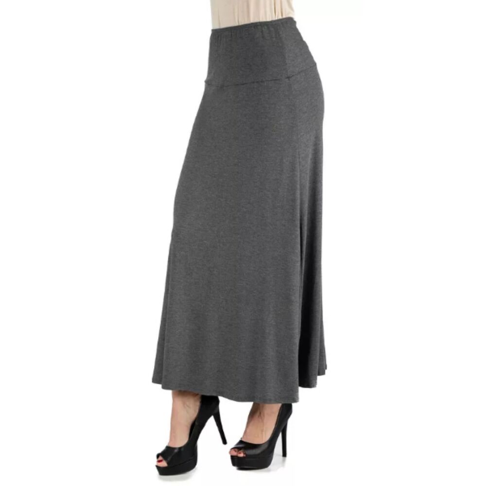 24seven Women's Comfort Apparel Elastic Waist Solid Gray Maxi Skirt Size Small